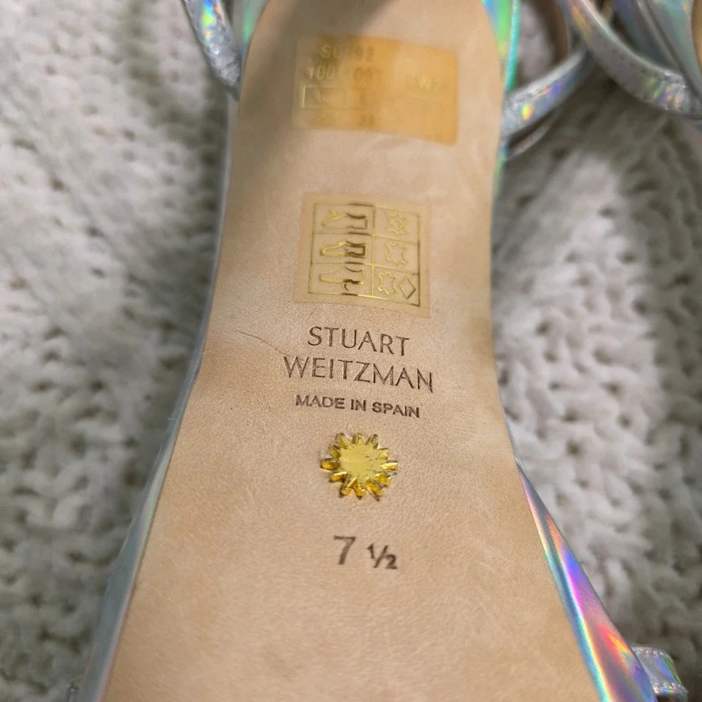 Stuart Weitzman‎ Soiree 145 Platform Silver Holographic Heels Sandals 7.5 NEW